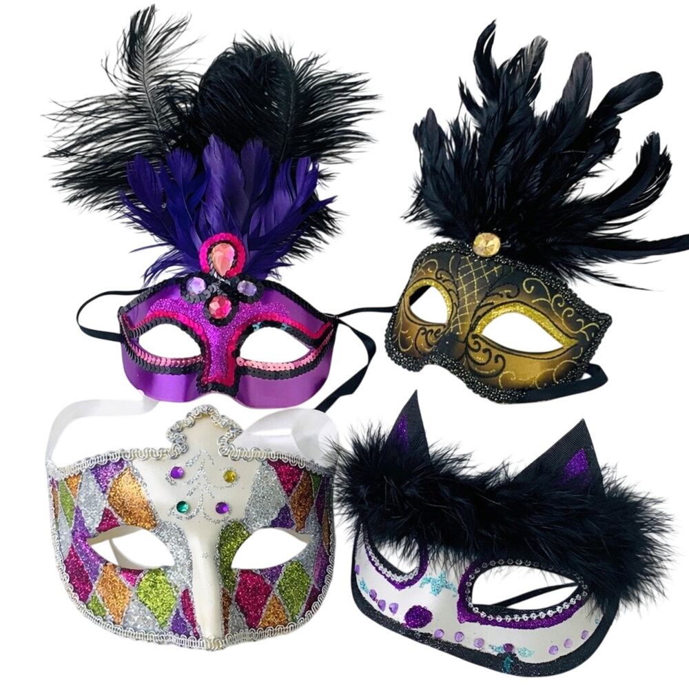 Lot of 4 Masquerade Masks Feather Glitter Mardi Gras Venetian Costume Party Mask